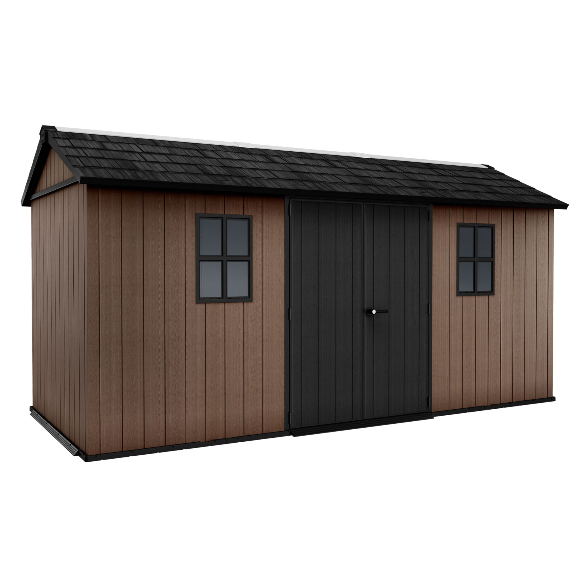 Newton + 7515/1575- Casetta da Giardino 476x246x230 cm 2 Ante per deposito attrezzi finitura effetto legno Evotech+ in Resina Marrone e Nero