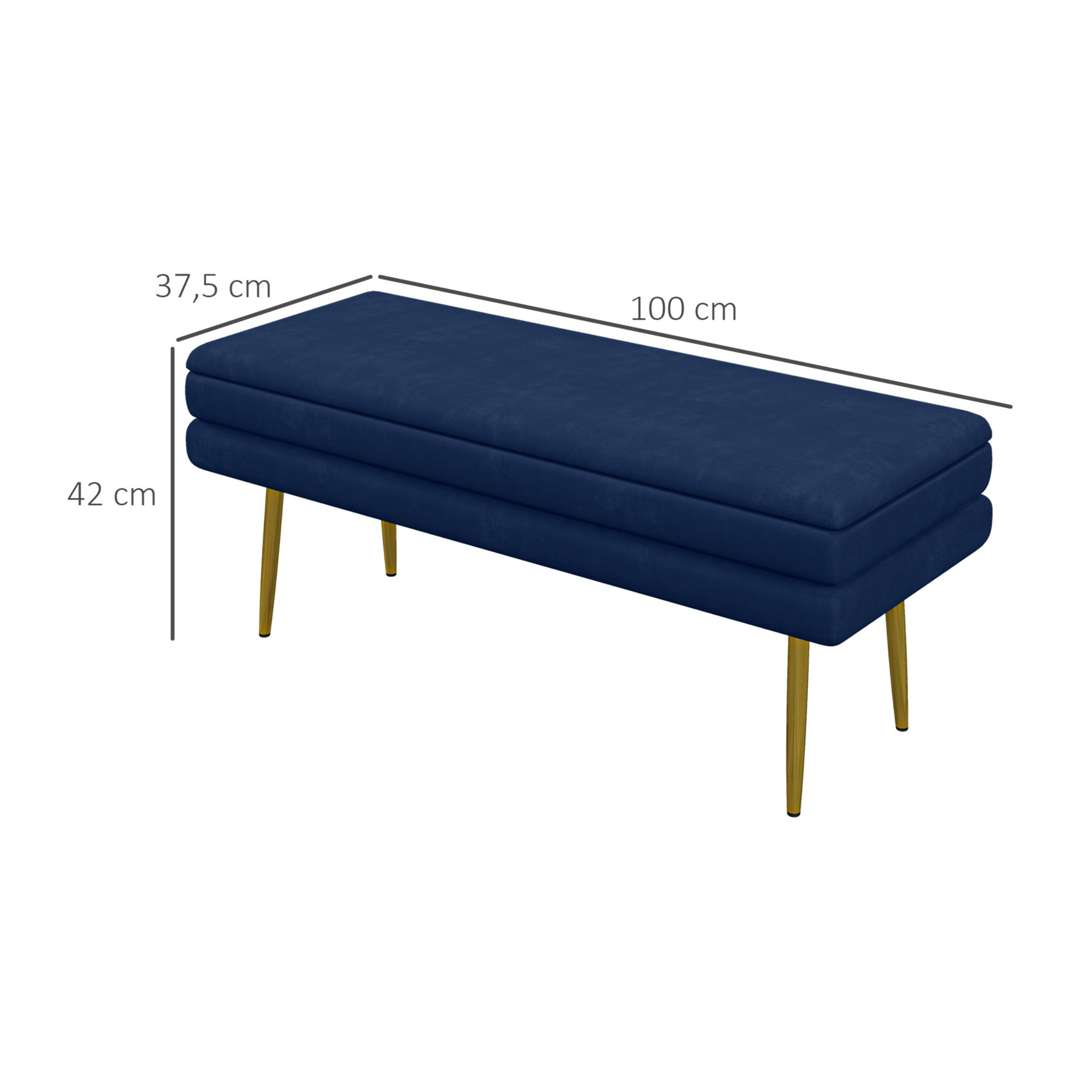 Banquette coffre de rangement 2 en 1 piètement effilé incliné acier doré velours bleu marine