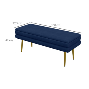 Banquette coffre de rangement 2 en 1 piètement effilé incliné acier doré velours bleu marine