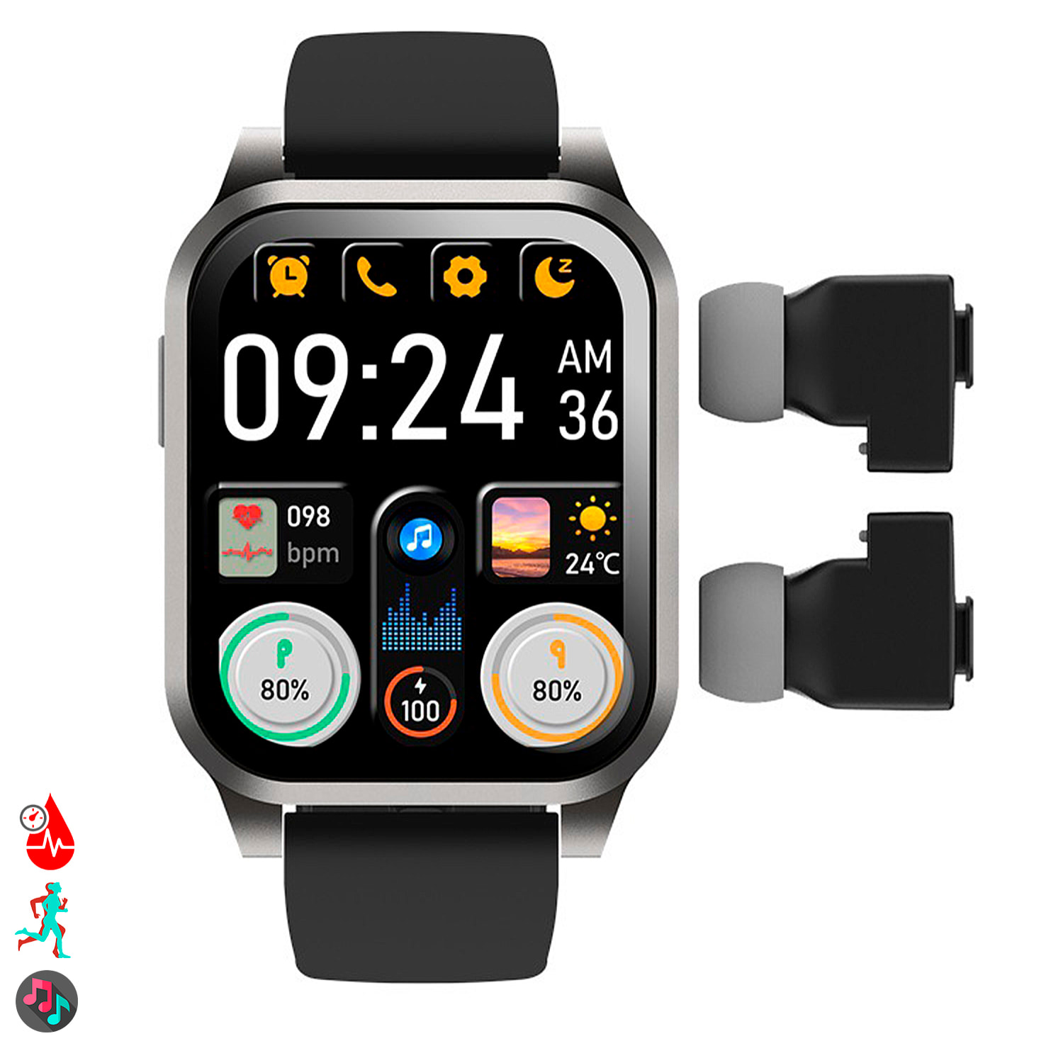 Smartwatch AIMB-Z20. Con termómetro, modos de deporte, auriculares bluetooth integrados y 2 correas de silicona.