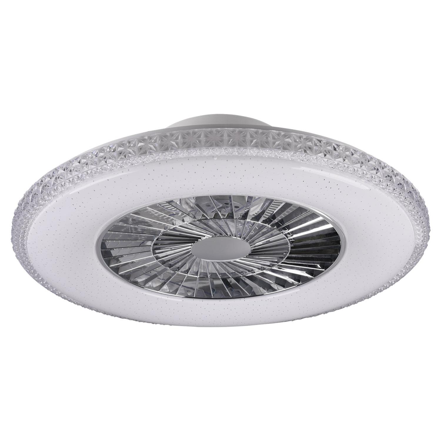 Harstad - Ventilatore e plafoniera LED Ø60 cm con bordo effetto cristallo, telecomando, dimmer, timer, luce notturna ed effetto stelle