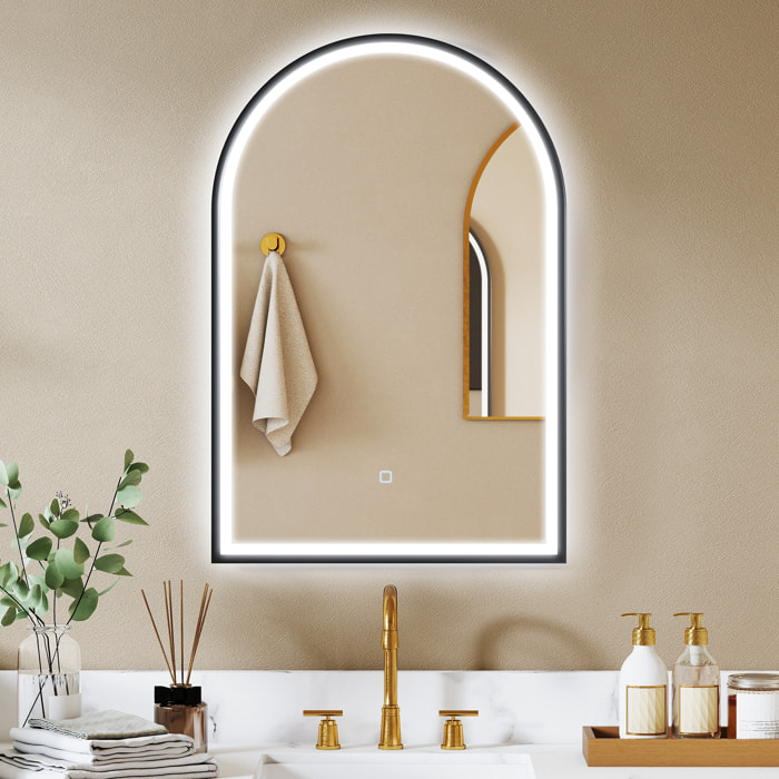 Espejo de Baño con Luz, 60x90 cm, Espejo de Pared Arqueado, 3 Colores de Luz, Brillo Regulable, Función Antivaho, Memoria, Interruptor Táctil, Marco de Aluminio, IP44, Negro
