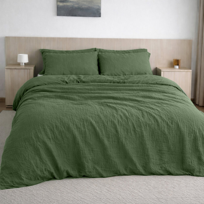 Drap housse gaze de coton lavé vert cèdre