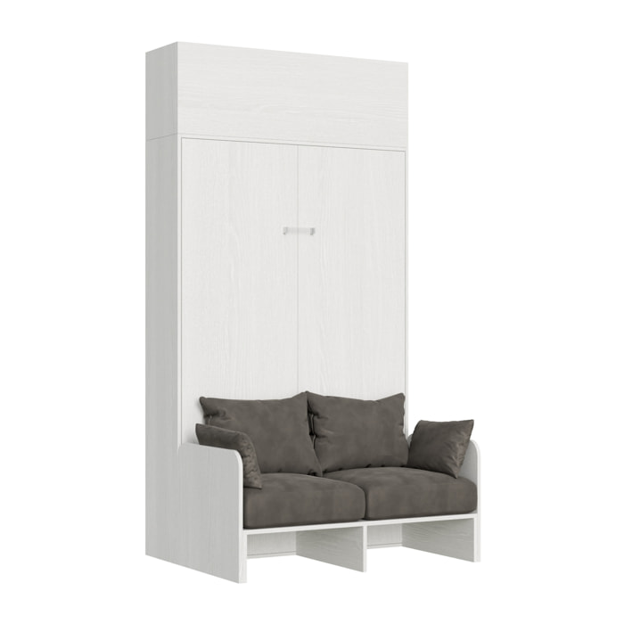 Armoire Lit escamotable vertical double 140 KENTARO avec canapé Frêne Blanc avec élément haut (ALESSIA 20)