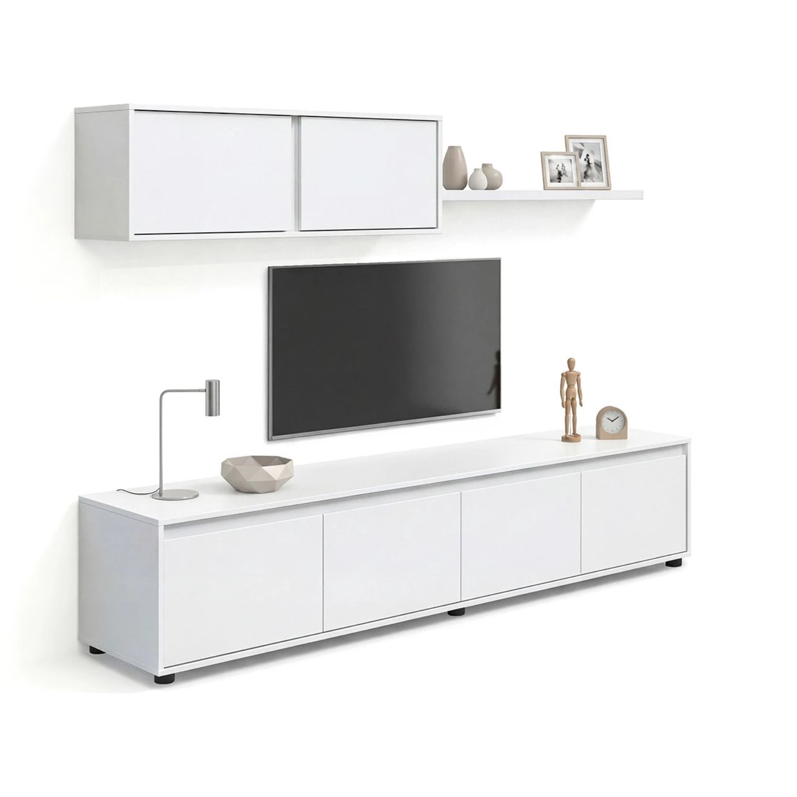 Salón con mueble de TV y estantería en blanco artik 200 cm Arlet Blanco Artik (Blanco Mate)