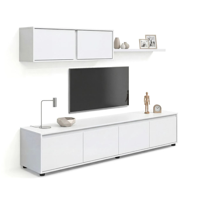 Salón con mueble de TV y estantería en blanco artik 200 cm Arlet Blanco Artik (Blanco Mate)