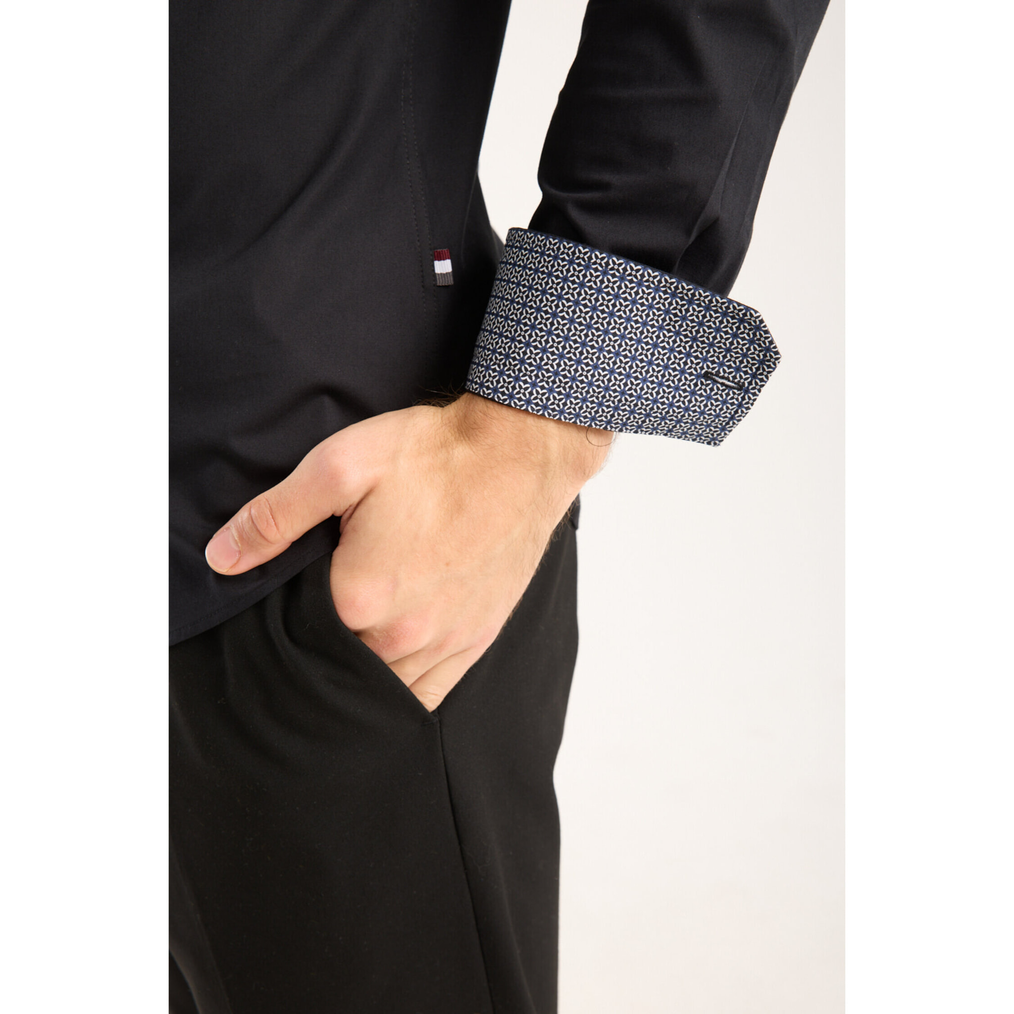 Camicia Uomo 2 Bottoni Button Down Doppio Coll Popeline Stretch Unito Nero