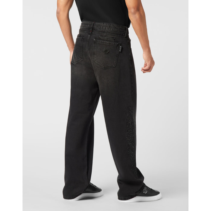 PHILIPP PLEIN Embroidered Beach Boy Fit Jeans Cross Gothic Plein