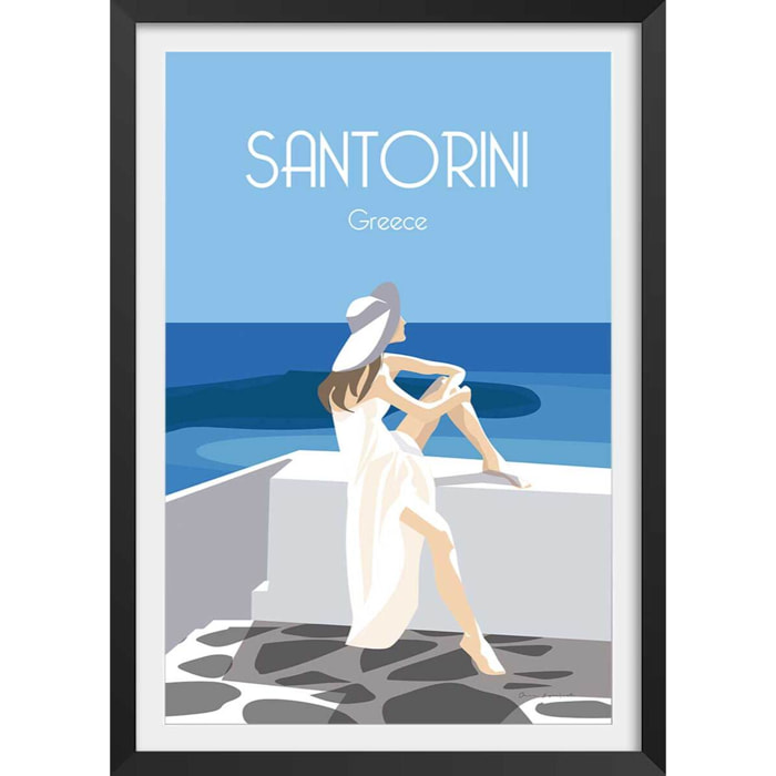 Affiche voyage le bleu de Santorin Affiche sous cadre noir