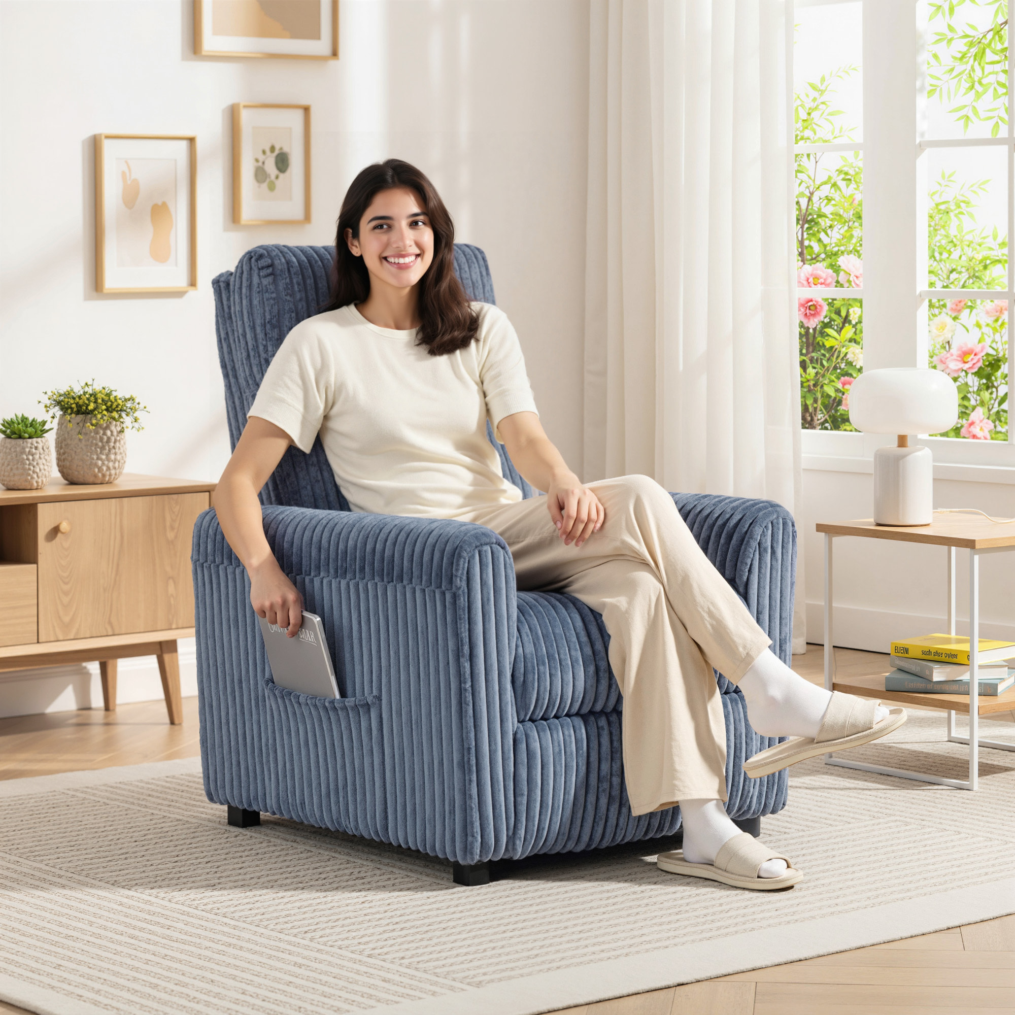 Sillón Relax Reclinable, Sillón Reclinable Manual, Tapizado en Pana, Instalación Rápida, Reposapiés, Acolchado Grueso, para Salón, Dormitorio, Oficina, Azul Oscuro