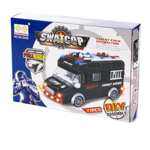 Furgone di polizia SWAT con luci ed effetti sonori. Da costruire, 77 pezzi. Funzionamento mediante inerzia inversa.