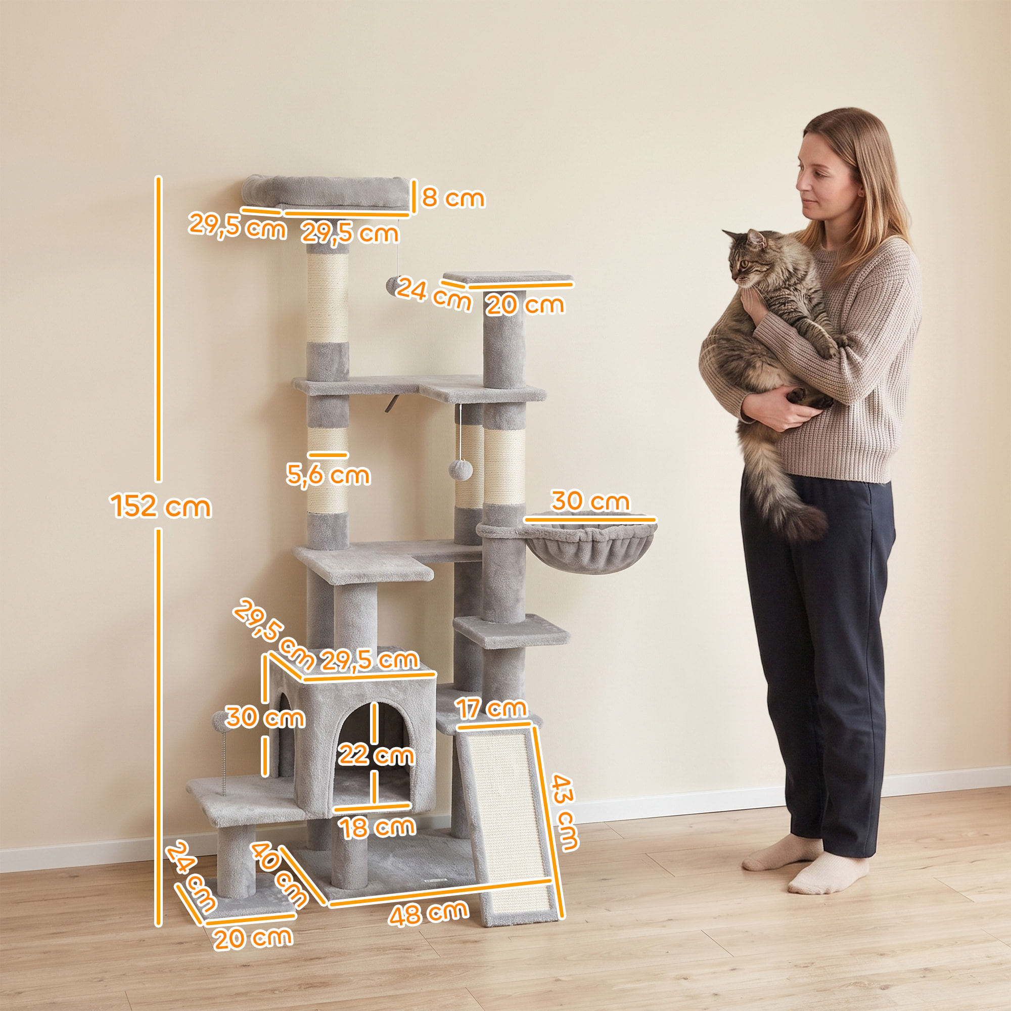 Árbol Rascador para Gatos 152 cm, Torre para Gatos Multinivel con Cueva, Hamaca, Cama, 4 Postes de Sisal, Escalera Rascadora, 3 Bolas Colgantes, Tela de Felpa, para 1-2, Gris Claro
