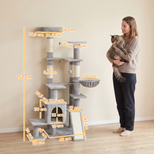 Árbol Rascador para Gatos 152 cm, Torre para Gatos Multinivel con Cueva, Hamaca, Cama, 4 Postes de Sisal, Escalera Rascadora, 3 Bolas Colgantes, Tela de Felpa, para 1-2, Gris Claro