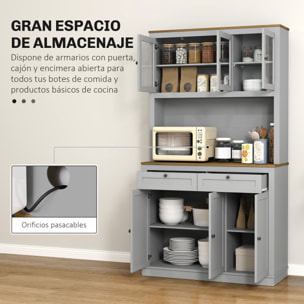 Alacena de Cocina, Mueble Auxiliar de Cocina, con 3 Puertas de Vidrio, Encimera Abierta para Microondas, 2 Cajones y Estantes Ajustables, 100x40x180 cm, Gris