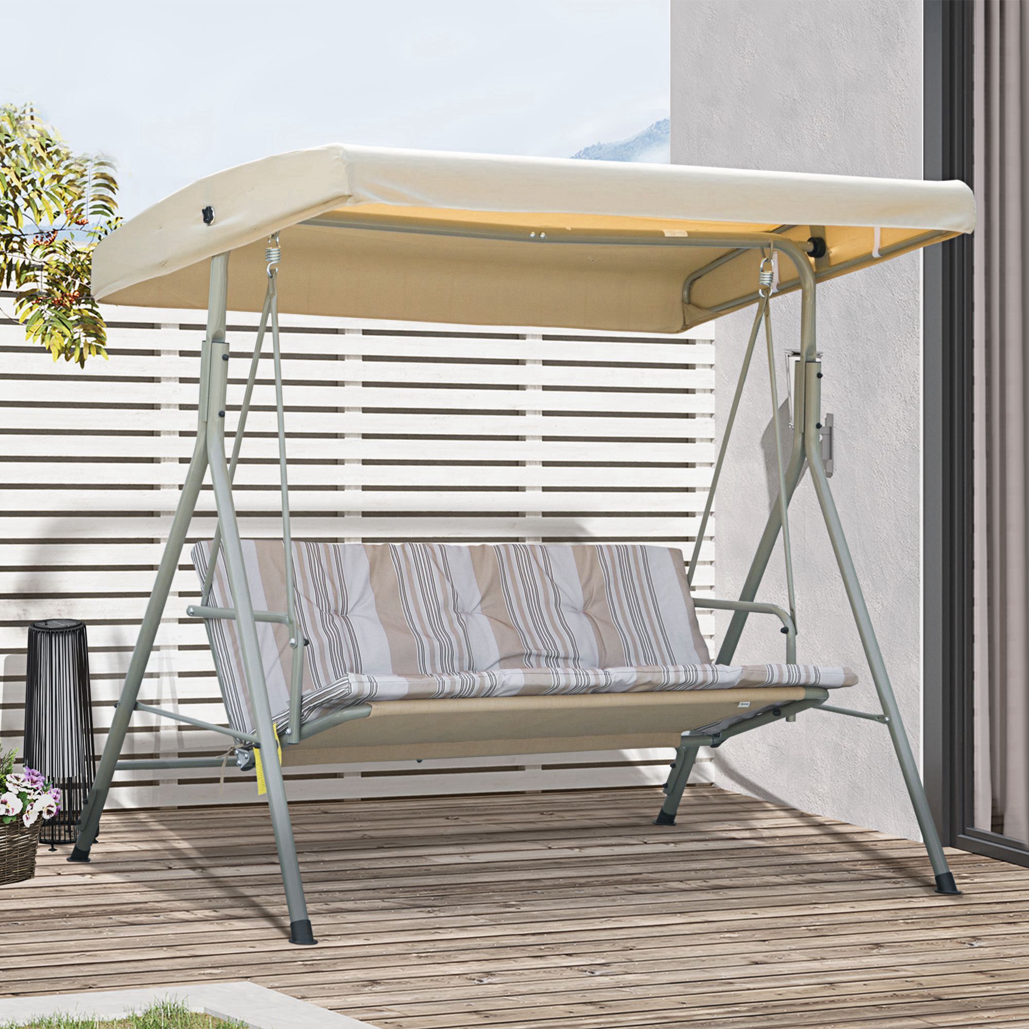 Balancelle de Jardin 3 Places Grand Confort Toit Inclinaison réglable épais Coussins Amovibles Polyester Acier époxy marron clair
