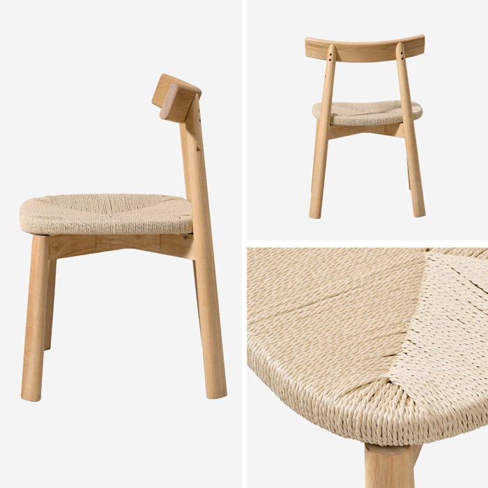 Lot de 2 chaises scandinaves en bois d'hévéa naturel et assise en corde beige