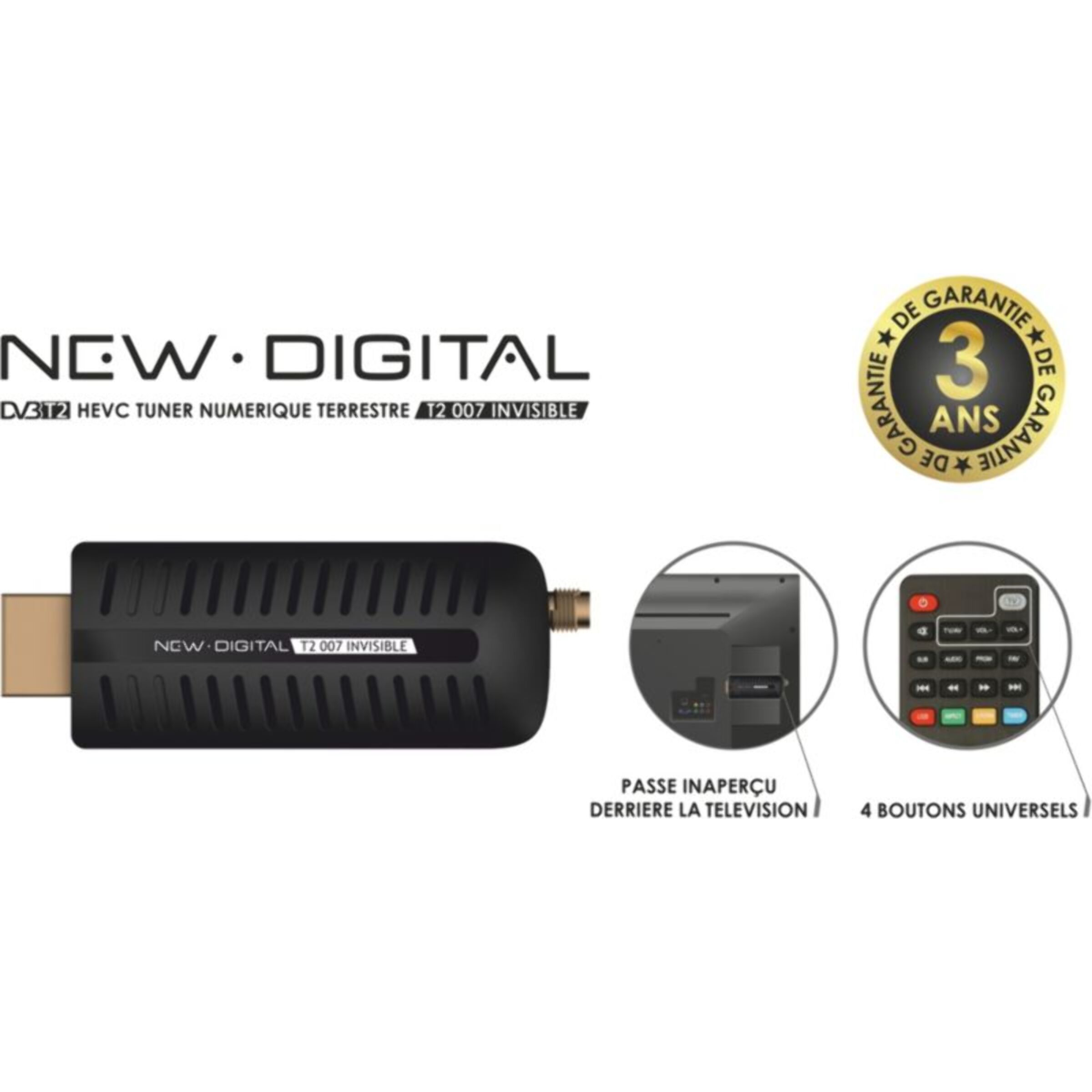 Décodeur TNT NEW DIGITAL DVB-T2 HEVC, Dongle HDMI, T2 007