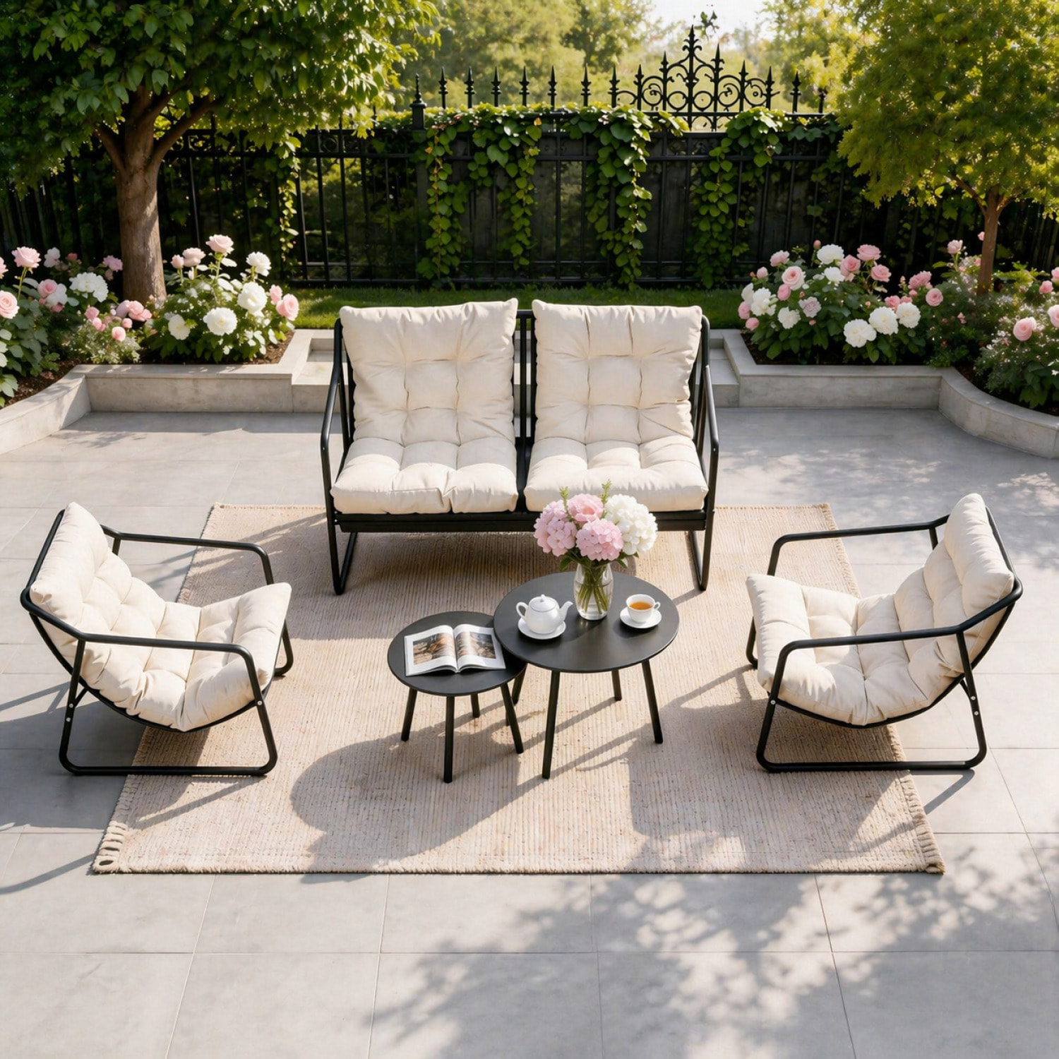 Salon de jardin 4 places gris et beige avec tables basses ANTHI