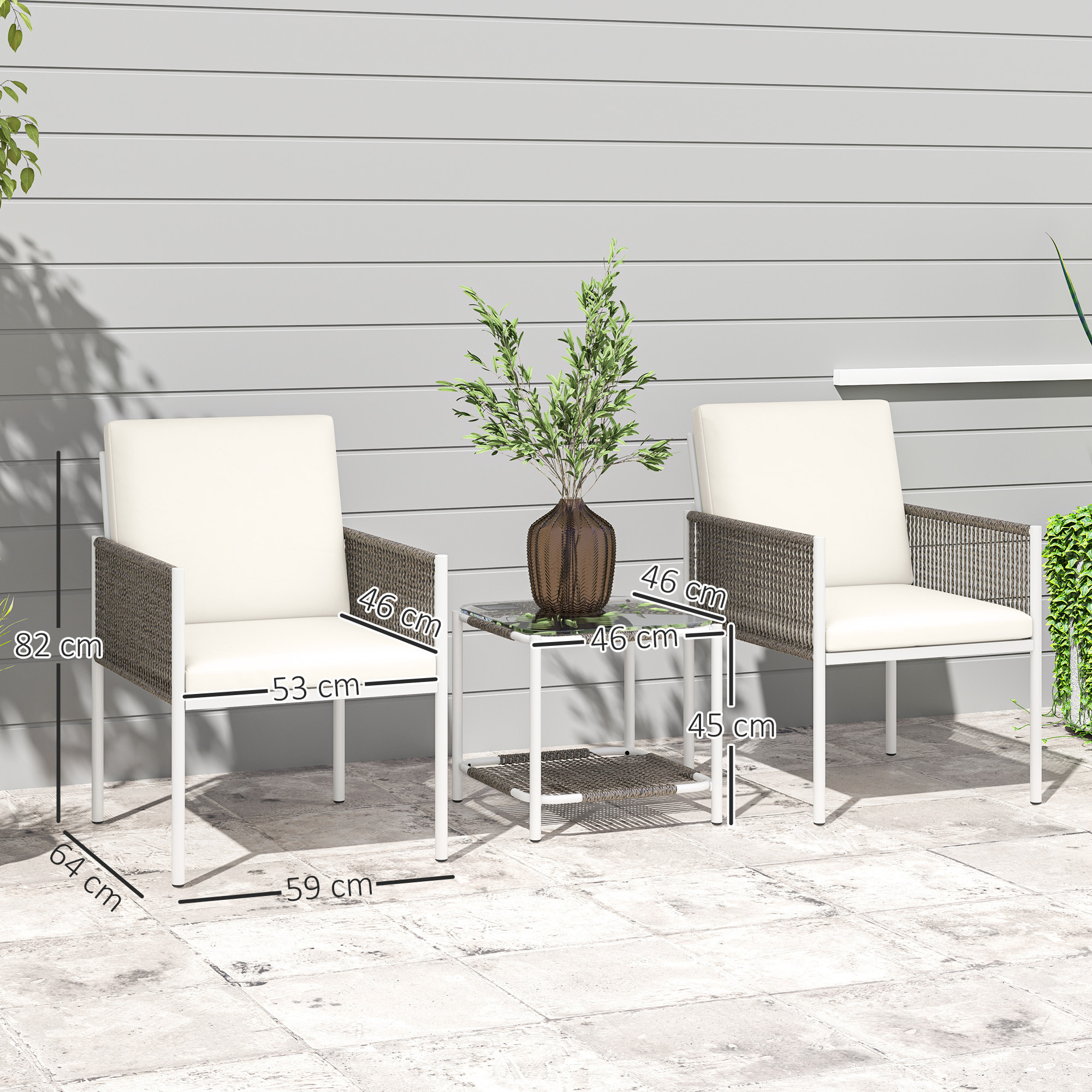 Conjunto de Jardín Exterior de 3 Piezas Juego de 2 Sillas y Mesa de Ratán con Cojines Acolchados y Encimera de Vidrio para Balcón Terraza Marrón y Crema