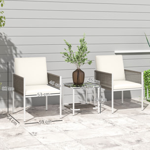 Conjunto de Jardín Exterior de 3 Piezas Juego de 2 Sillas y Mesa de Ratán con Cojines Acolchados y Encimera de Vidrio para Balcón Terraza Marrón y Crema