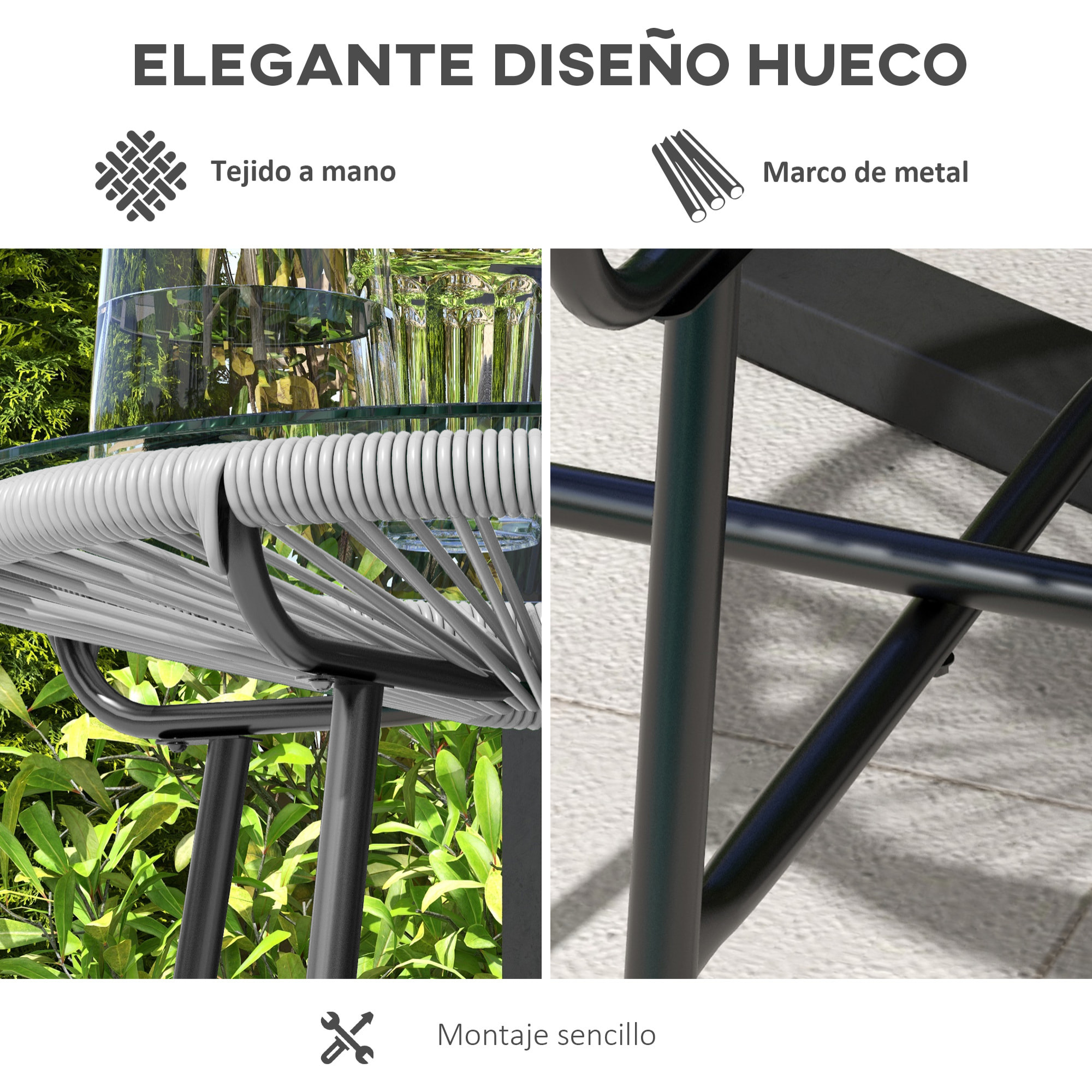 Mesa de Jardín de Ratán Sintético Mesa de Centro Redonda para Exteriores con Tablero de Vidrio Templado y Patas de Metal para Patio Balcón Ø50x50 cm Gris