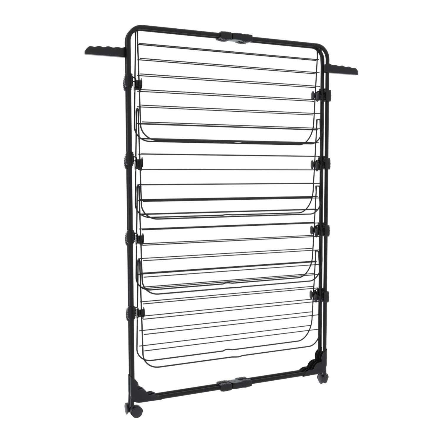 Stendibiancheria Da Pavimento Con Rotelle Stendino A Torre Verticale In Acciaio 4 Ripiani 2 Appendi Grucce Pieghevole 168.5x71x71 Cm Nero Opaco