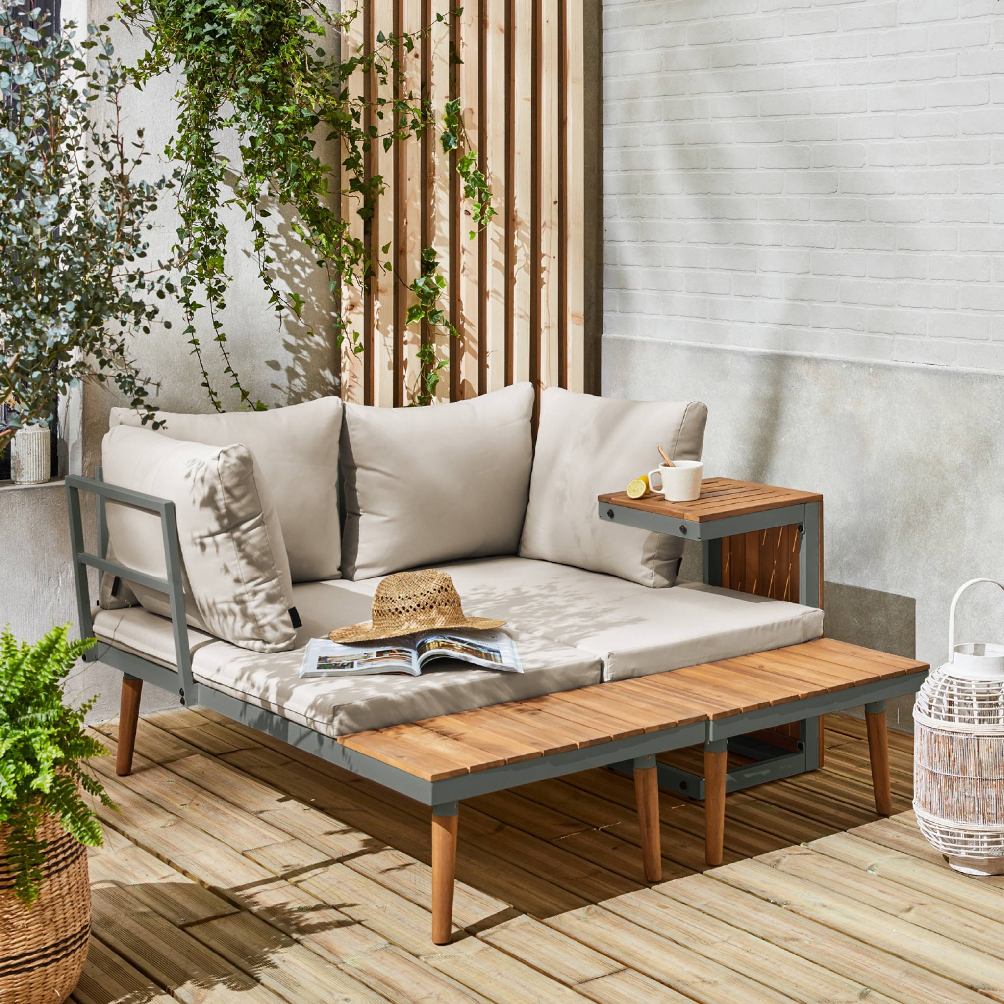 Salon de jardin kaki foncé. modulable en aluminium et bois d'acacia. 4 places. Sao Paulo.140 x 68 x 65cm