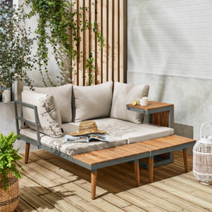 Salon de jardin kaki foncé. modulable en aluminium et bois d'acacia. 4 places. Sao Paulo.140 x 68 x 65cm