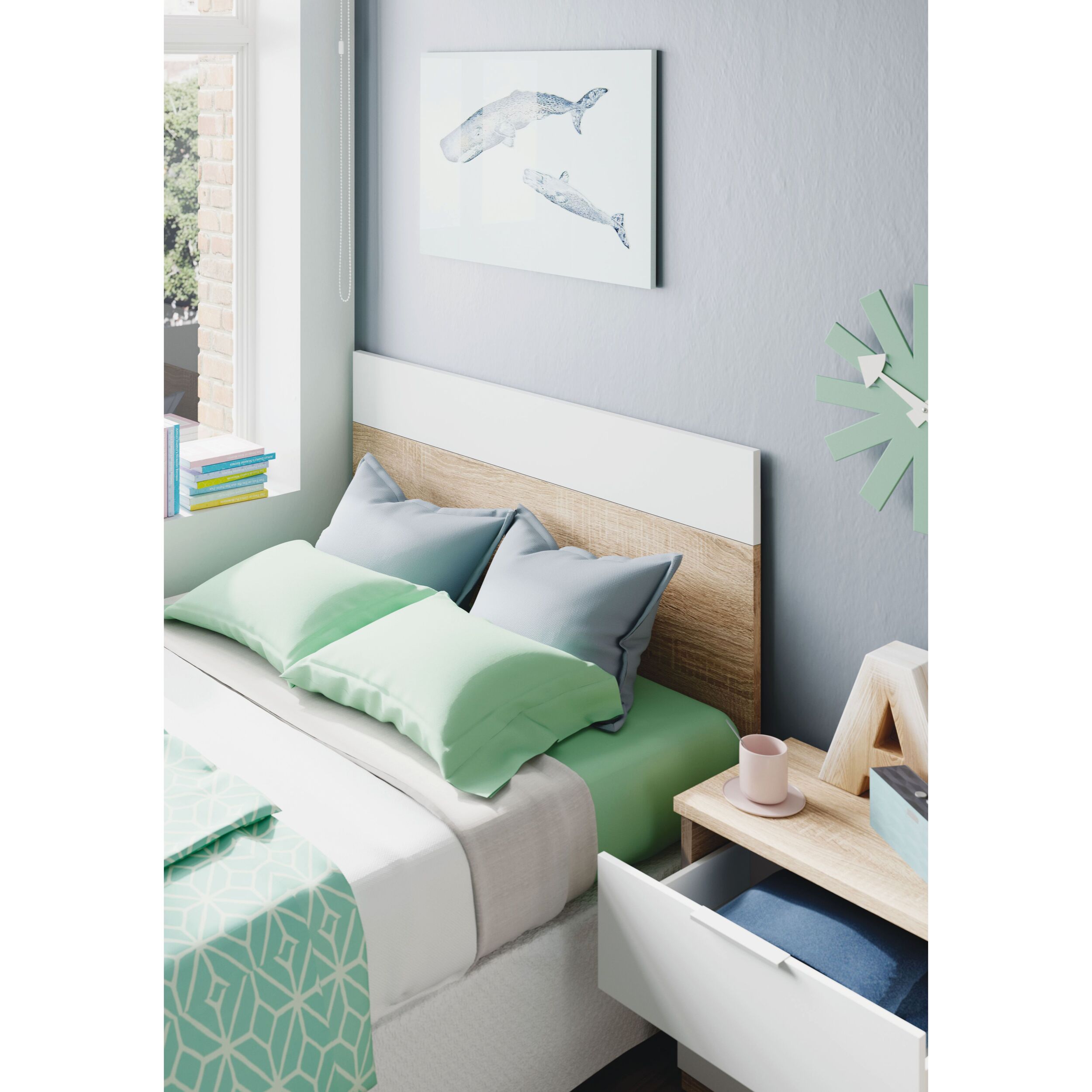Set Testiera Letto Singolo 100 Cm Con Comodino 2 Cassetti Design Moderno Arredo Camera Da Letto Moderno E Salvaspazio 50 x 100 Cm Rovere E Bianco