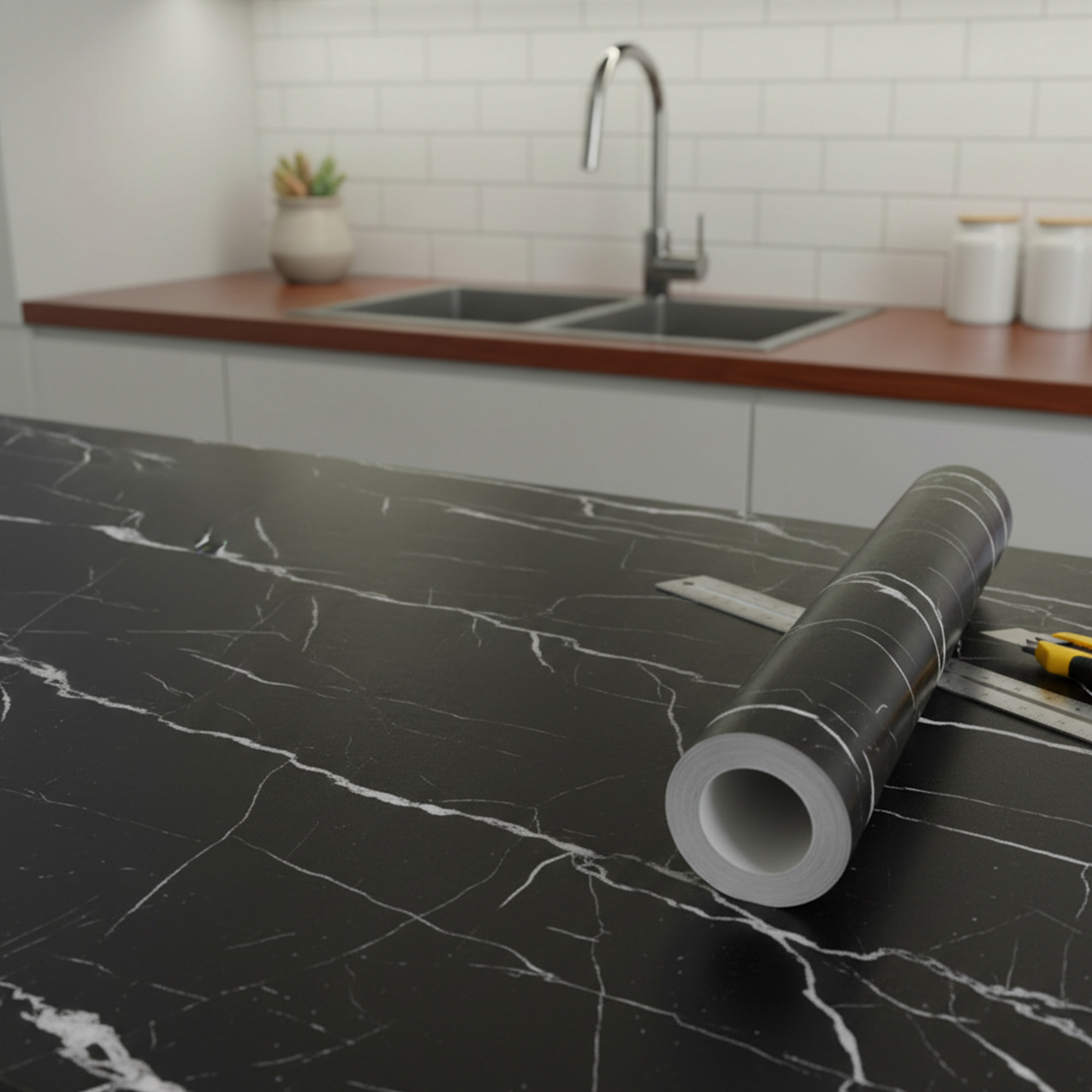 Rouleau adhésif marbre noir et blanc au mètre - Autocollants Revêtement Adhésif Cuisine Meubles Salle de bain