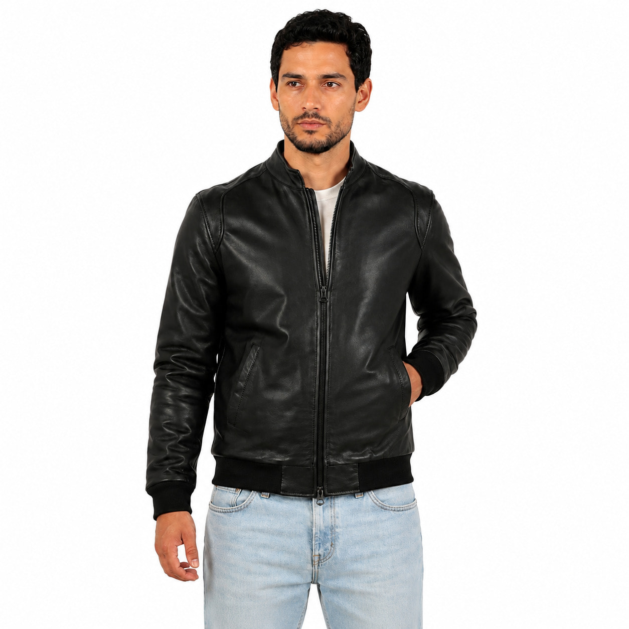 Giubbino in vera pelle di vitello foderato con trapunta invernale Nero-Slim Fit