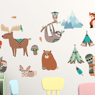 Stickers muraux enfants - Décoration chambre bébé - Autocollant Sticker mural géant enfant montagnes scandinaves ANIMAUX DES MONTAGNES ET PLUMES INDIENNES