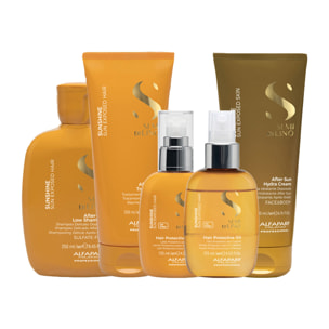 Kit ALFAPARF MILANO: Champú Semi Di Lino Sunshine 250 ml + Tratamiento 200 ml + Leche Protectora 125 ml + Aceite 125 ml + Crema Hidratante 200 ml + Bolsa de Regalo