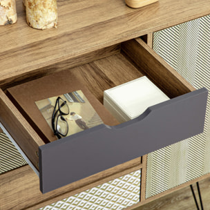 Buffet style industriel motif graphique - porte, étagère, 4 tiroirs - piètement épingle métal noir aspect bois
