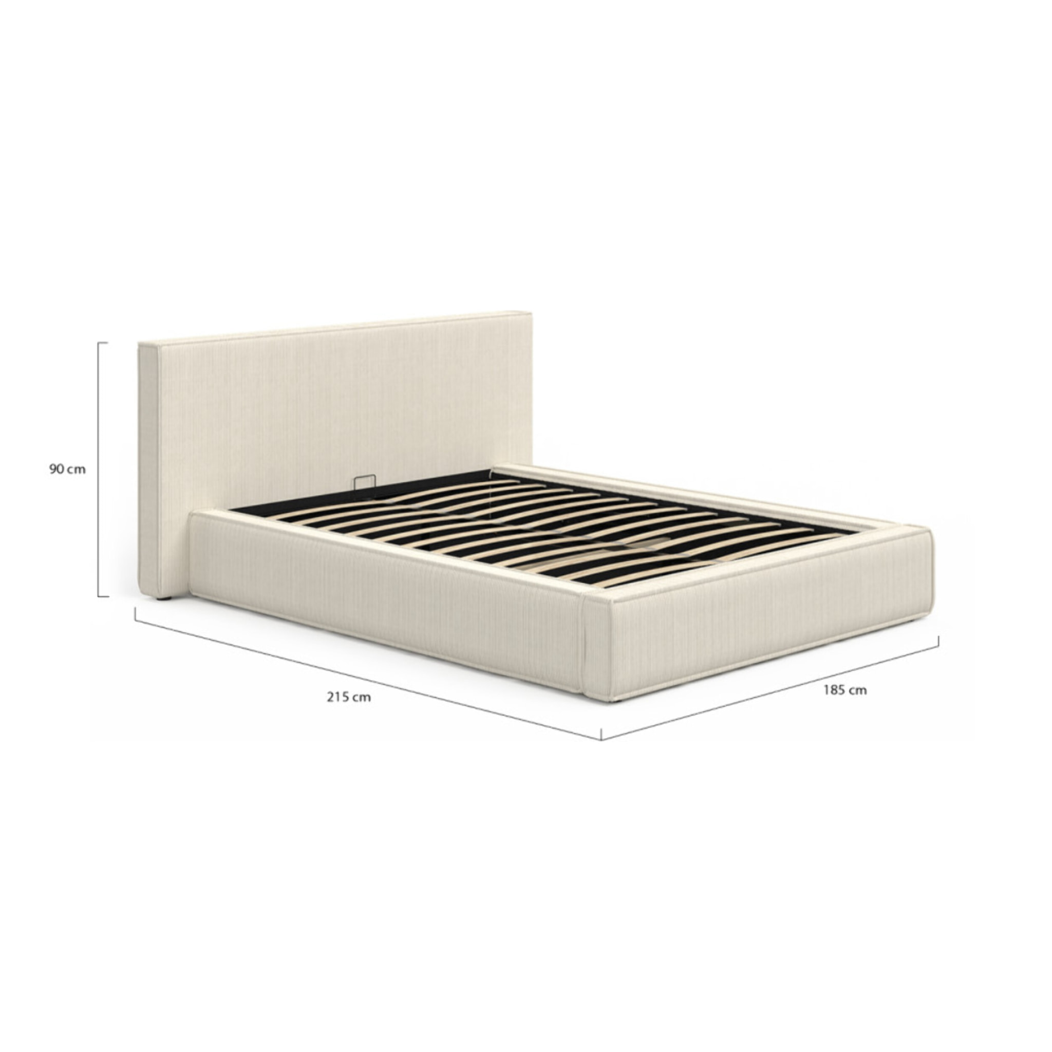 Lit coffre Joyce en velours côtelé beige avec sommier et tête de lit 140x190cm