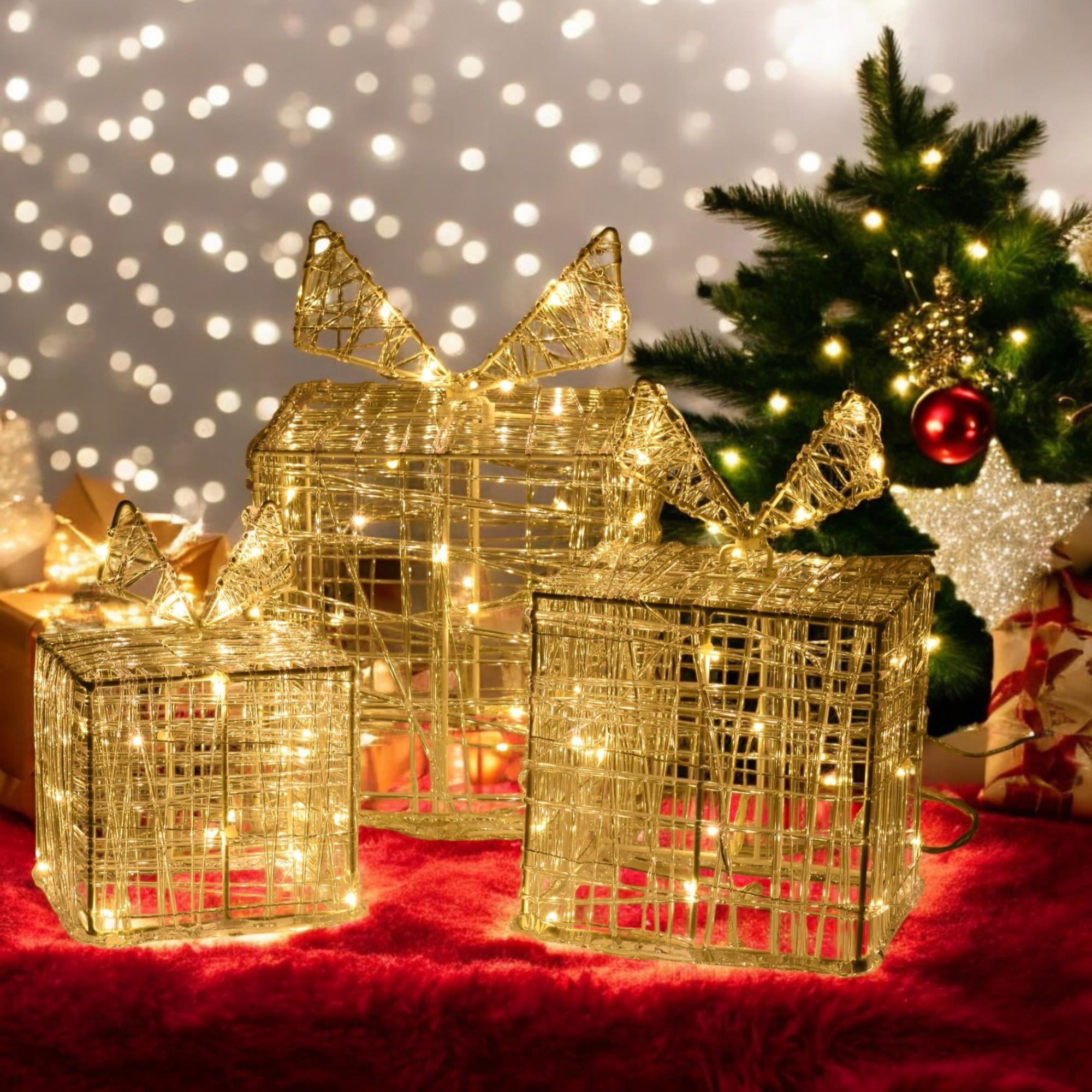 juego de 3 cajas de regalo luminosas con 90 micro leds blancas cálidas