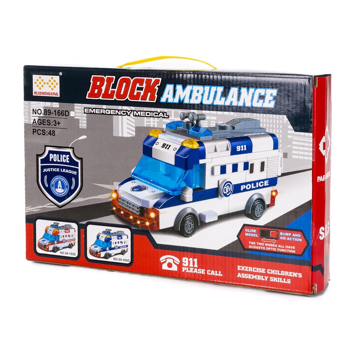 Furgone della polizia con luci ed effetti sonori. Da costruire, 48 pezzi. Modalità di funzionamento automatico 360°.