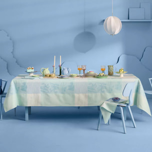 Nappe pur coton enduit 220 g/m² motif jacquard bleu beige Mille iris d'eau aqua