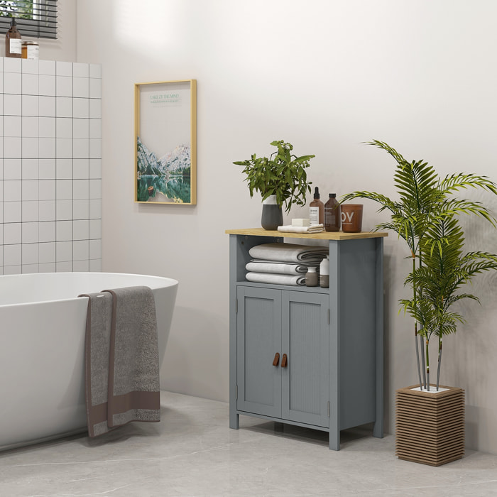 Meuble bas de salle de bain sur pied 2 portes étagère niche plateau aspect bois clair gris