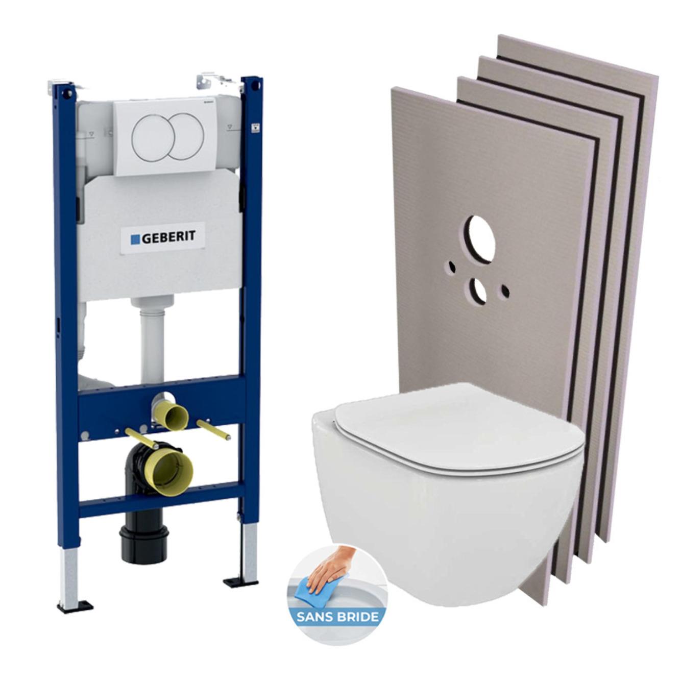 Pack WC Bâti support + Cuvette Ideal Standard Tesi Aquablade + Plaque blanche + Set habillage (TesiGeb3-sabo)