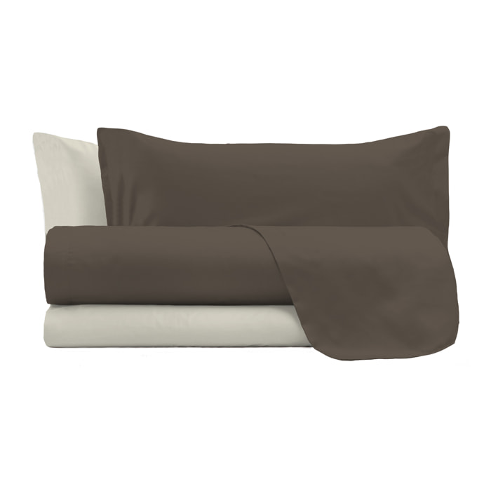 COMPLETO LETTO NATURAL COLOR, 100% Cotone, Made in Italy - MARRONE/PANNA