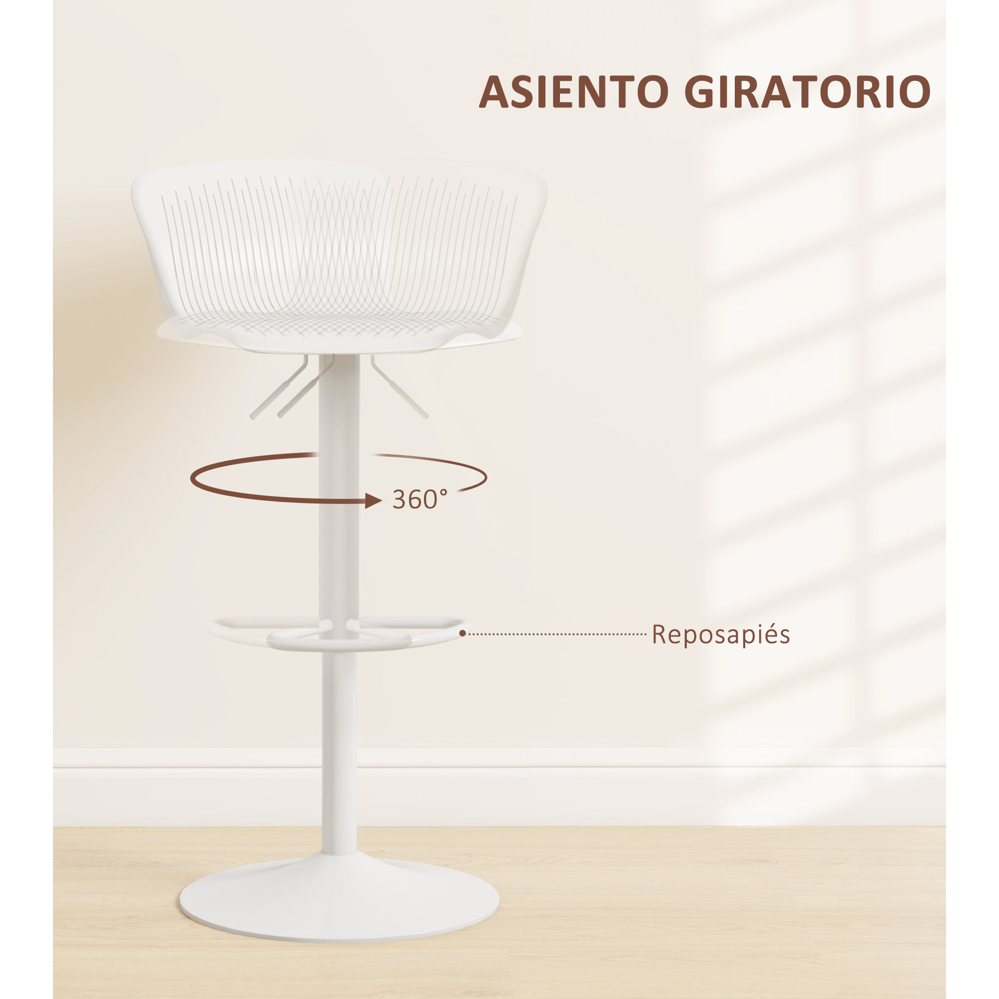 Conjunto de 2 Taburetes Altos de Cocina Sillas Altas de Cocina Giratorias con Respaldo y Altura Ajustable Carga 120 kg para Bar Salón Comedor Blanco