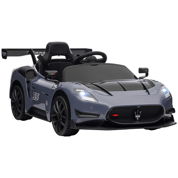 Coche Eléctrico para Niños de +3 Años Maserati GT2 Coche Eléctrico con Batería 12V Carro Eléctrico Infantil con Mando a Distancia Faros LED Bocina Música y Ruedas Auxiliares Gris