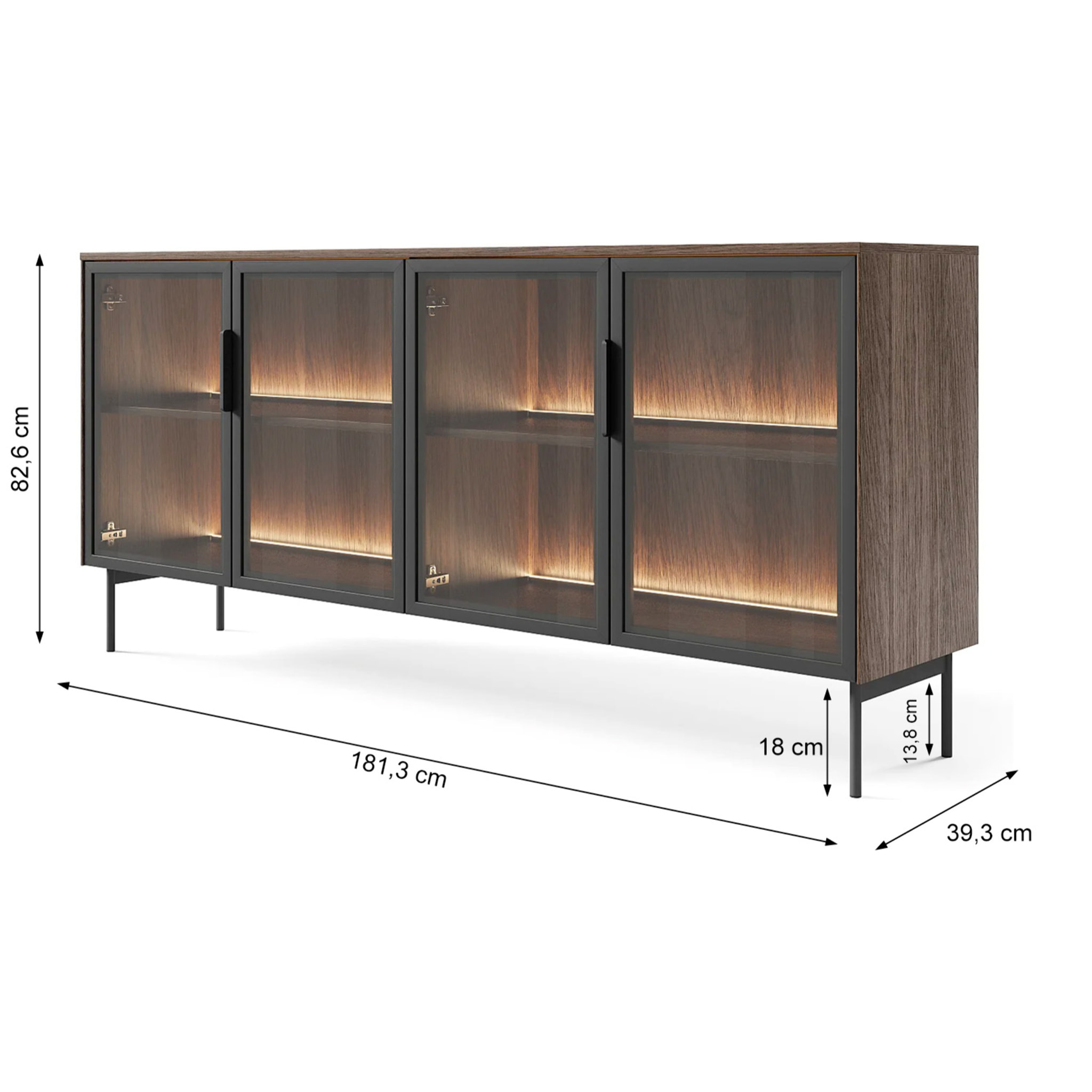 Credenza Madia Moderna 4 Ante In Vetro Illuminazione Led Interna In Melaminico Per Soggiorno Sala Da Pranzo 181.3 x 39.3 x 82.6 Cm Rovere Scuro