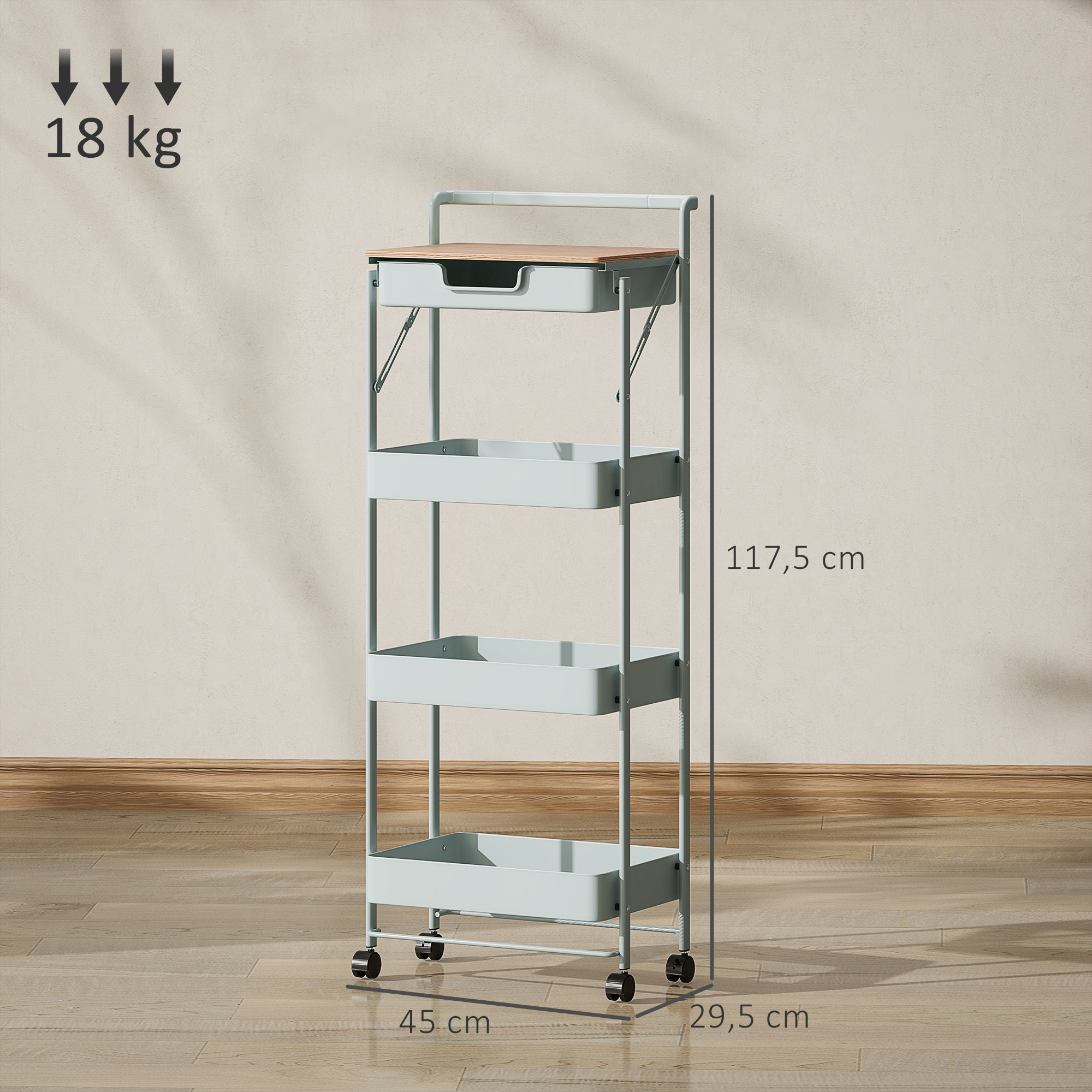 Carrito Auxiliar con Ruedas de 4 Niveles Carro de Cocina con 1 Cajón y 3 Cestas Carrito Organizador para Dormitorio Salón Oficina Verde Claro