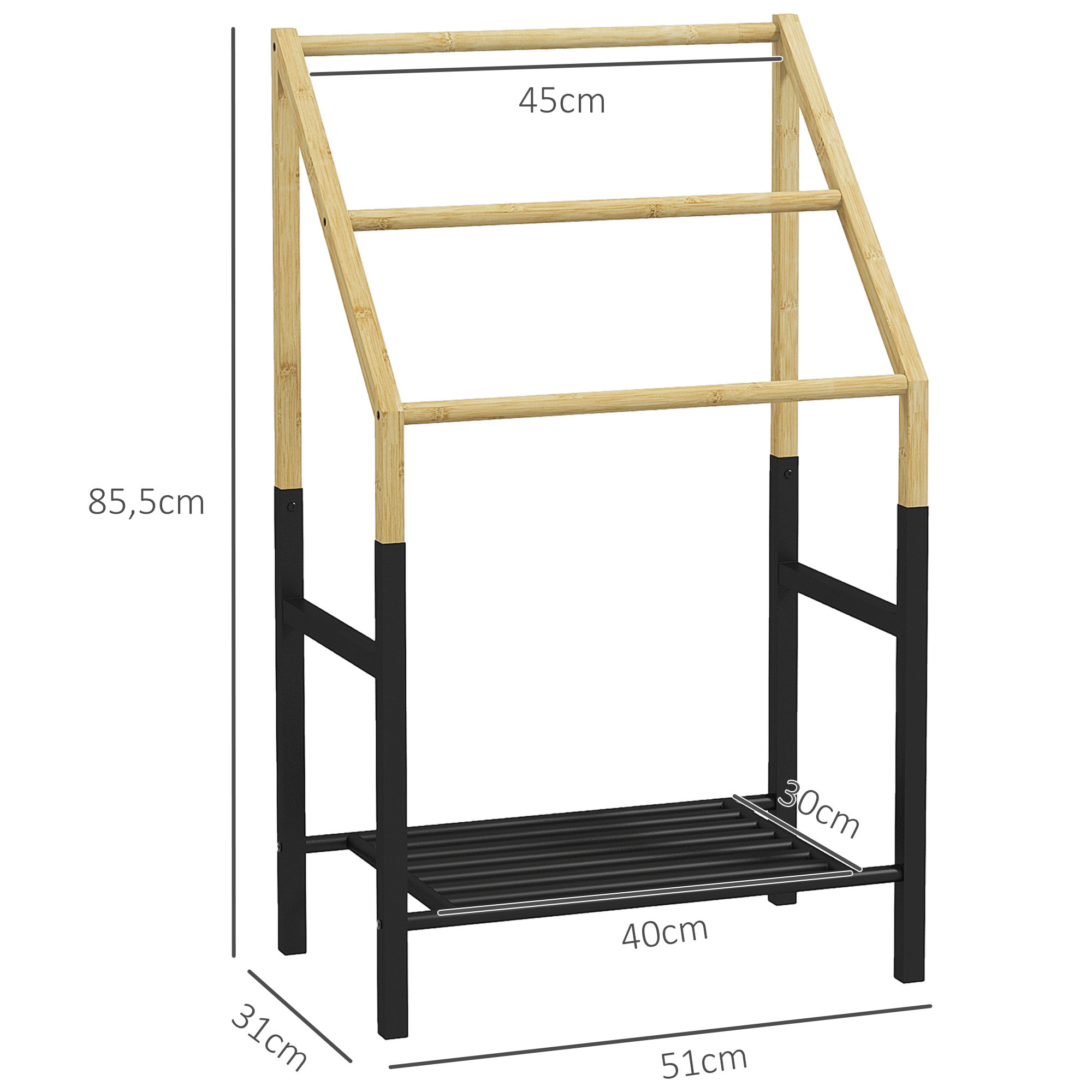 Porte-serviettes en bambou 3 barres et 1 étagère inférieure de rangement, 51l x 31P x 85,5H cm, finition bois naturel