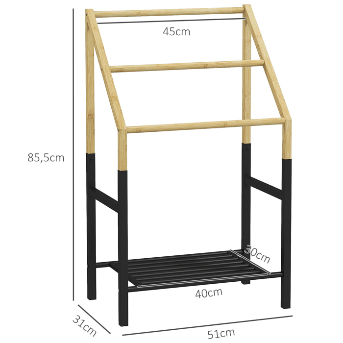 Porte-serviettes en bambou 3 barres et 1 étagère inférieure de rangement, 51l x 31P x 85,5H cm, finition bois naturel