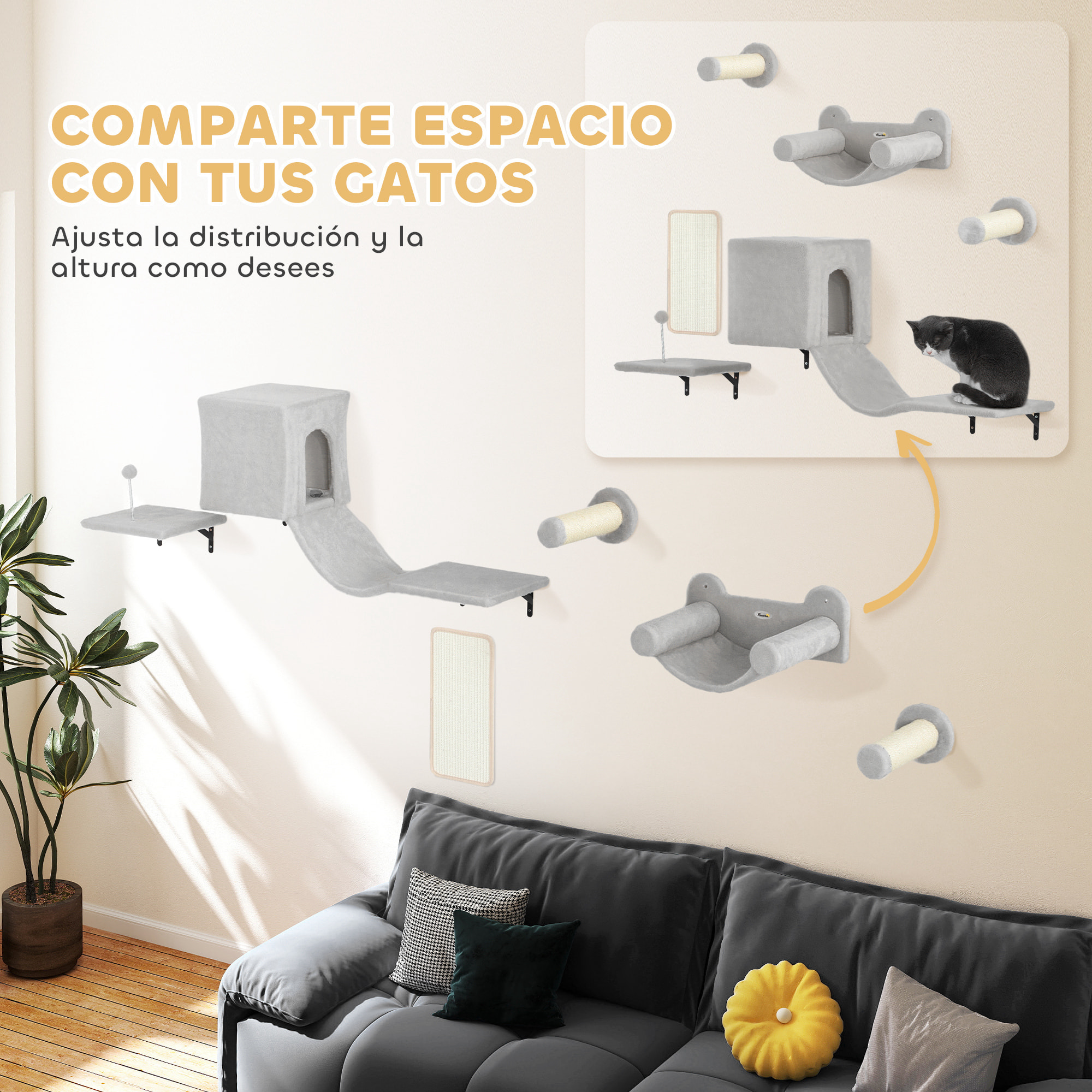 Juego de Pared de Escalada para Gatos de 6 Piezas Estanterías para Gatos con Condominio Plataforma Hamaca Escaleras Percha Tabla Rascador Poste de Sisal Bola de Juguete Gris