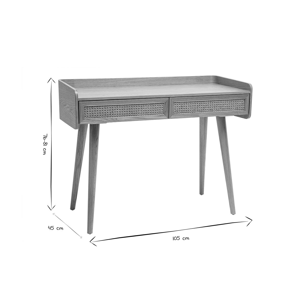 Bureau design avec rangements 2 tiroirs bois clair et cannage rotin L105 cm ELSY