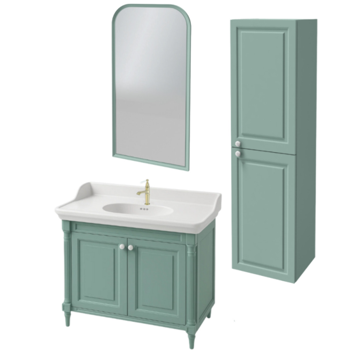 Pack meuble vasque Cléo 1889 vert velours + colonne droite + miroir + mitigeur or